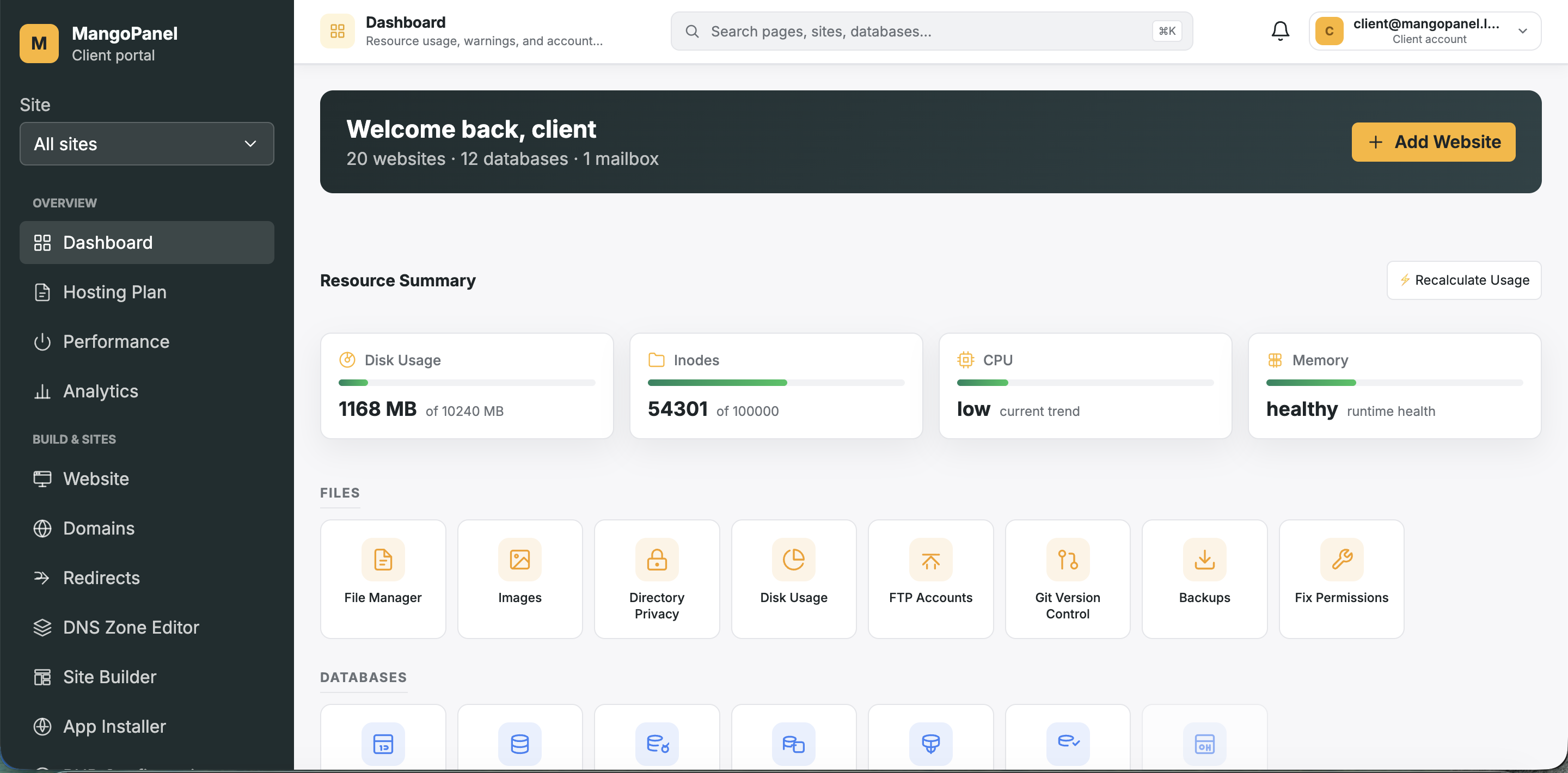 MangoPanel Client Portal Overview Dashboard